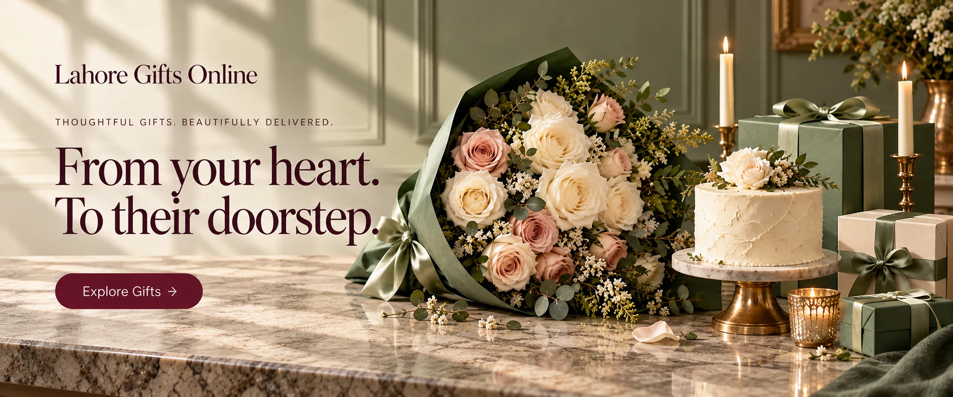 Lahore Gifts Online — Thoughtful gifts. Beautifully delivered. From your heart. To their doorstep. Explore gifts. Sage wrapped flowers, ivory cake and luxury gifts