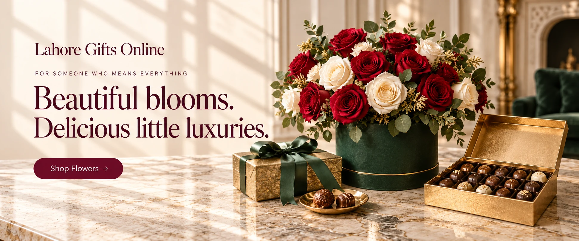Lahore Gifts Online — For someone who means everything Beautiful blooms. Delicious little luxuries. Shop flowers. Red and ivory roses with a gold chocolate gift box