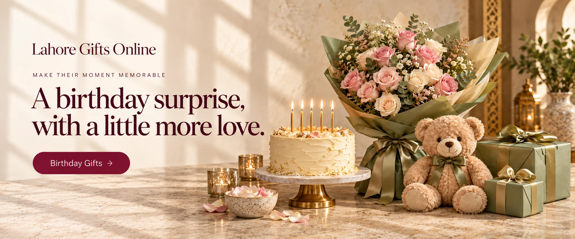 Lahore Gifts Online — Make their moment memorable A birthday surprise, with a little more love. Birthday gifts. Birthday cake, roses, teddy bear and sage ribbon gifts