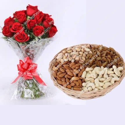 dry fruits basket with 2 dozen red roses