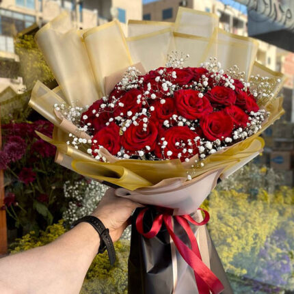 red roses with gypso