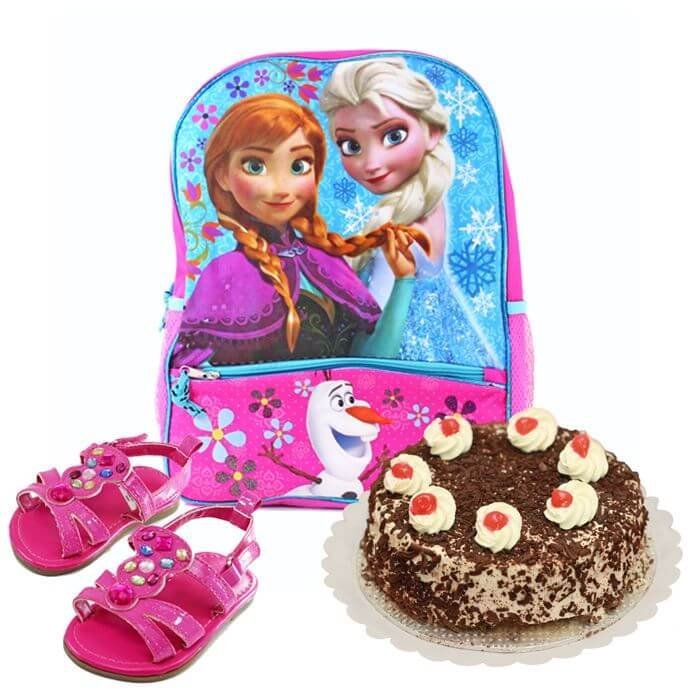 School Bag with Black Forest Cake & Sandals School Bag with Black Forest Cake & Sandals gift by Kids Combos