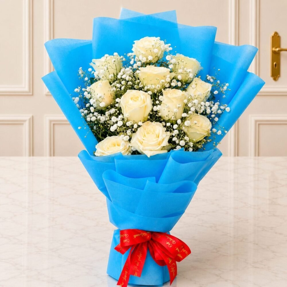 White Imported Flowers with Blue Theme White Imported Flowers with Blue Theme in Lahore for Fathers Day