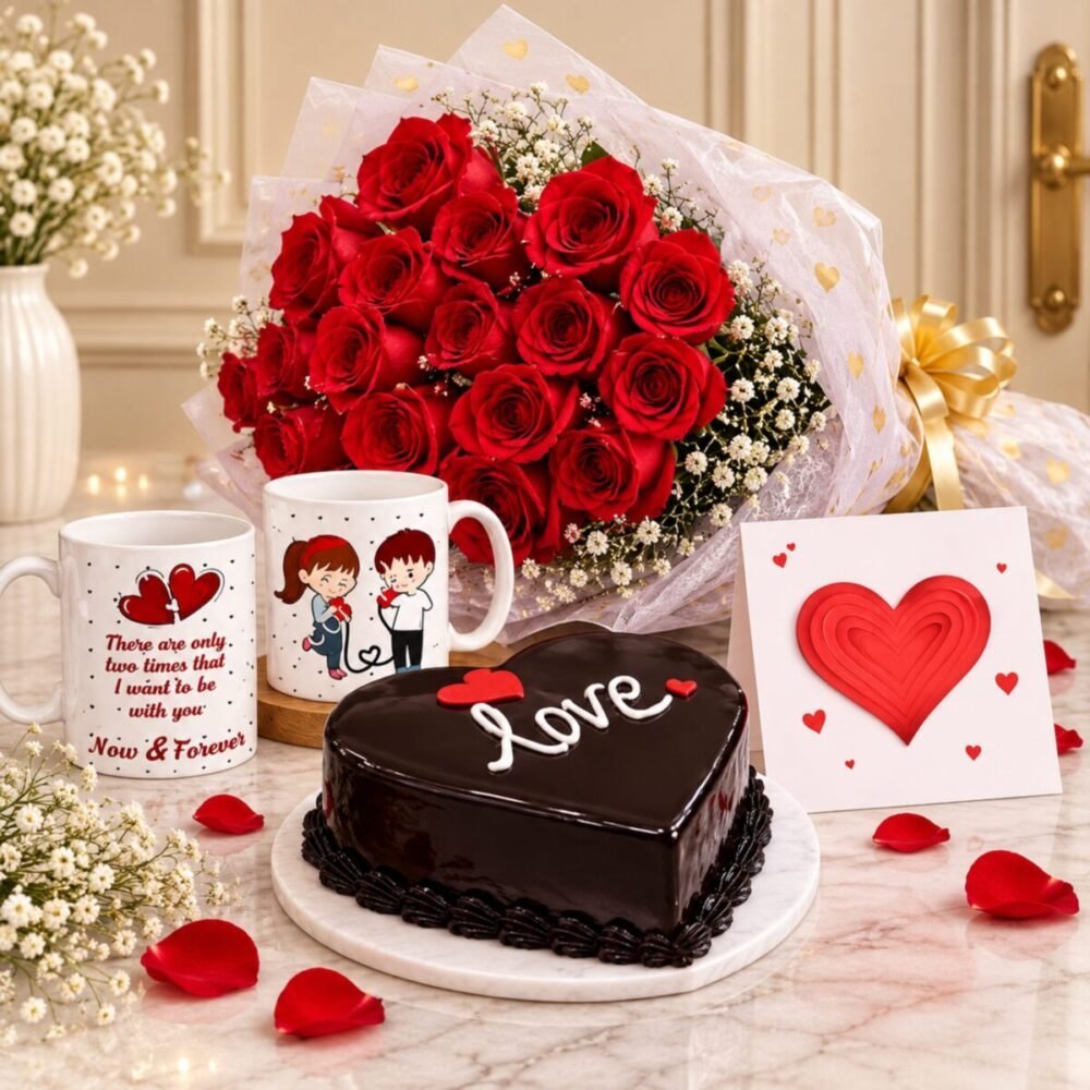 Heart Cake with Mug and Flowers Heart Cake with Mug and Flowers gift for Valentines Day