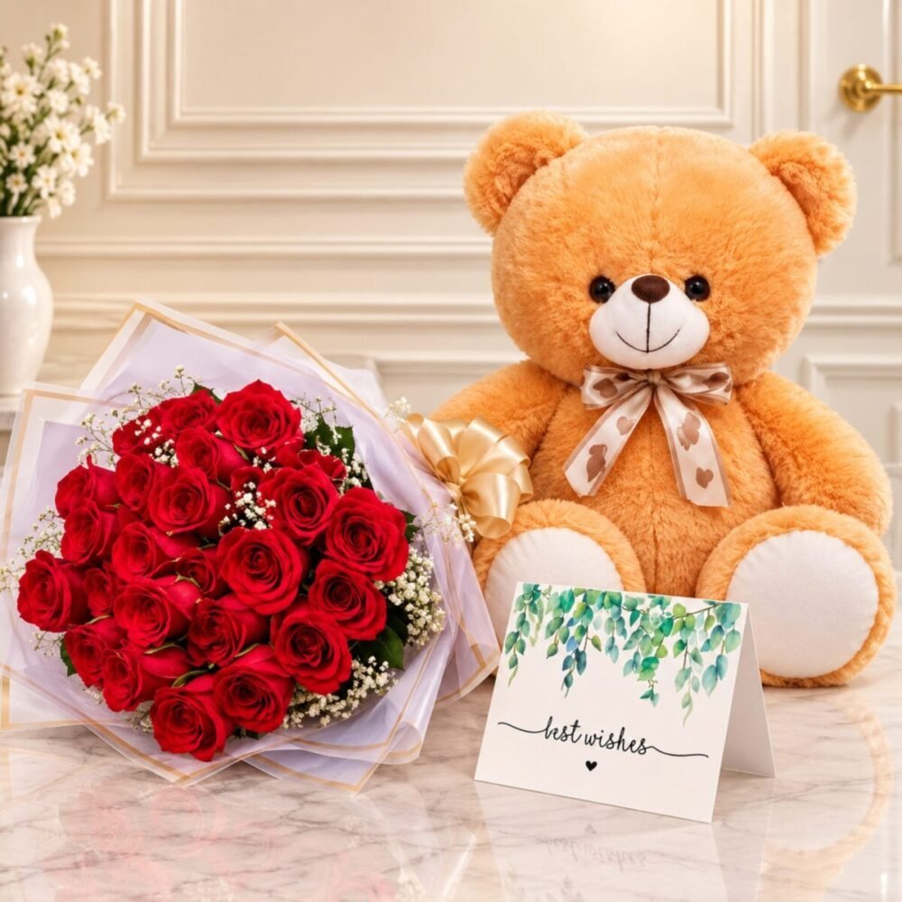 Red Roses and Teddy Bear Red Roses and Teddy Bear gift for Valentines Day