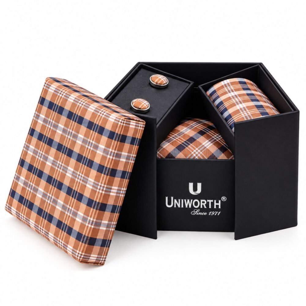 Orange Check Cufflink Tie Set - Men’s Accessories Orange Check Cufflink Tie Set - Men’s Accessories | Lahore Gifts Online