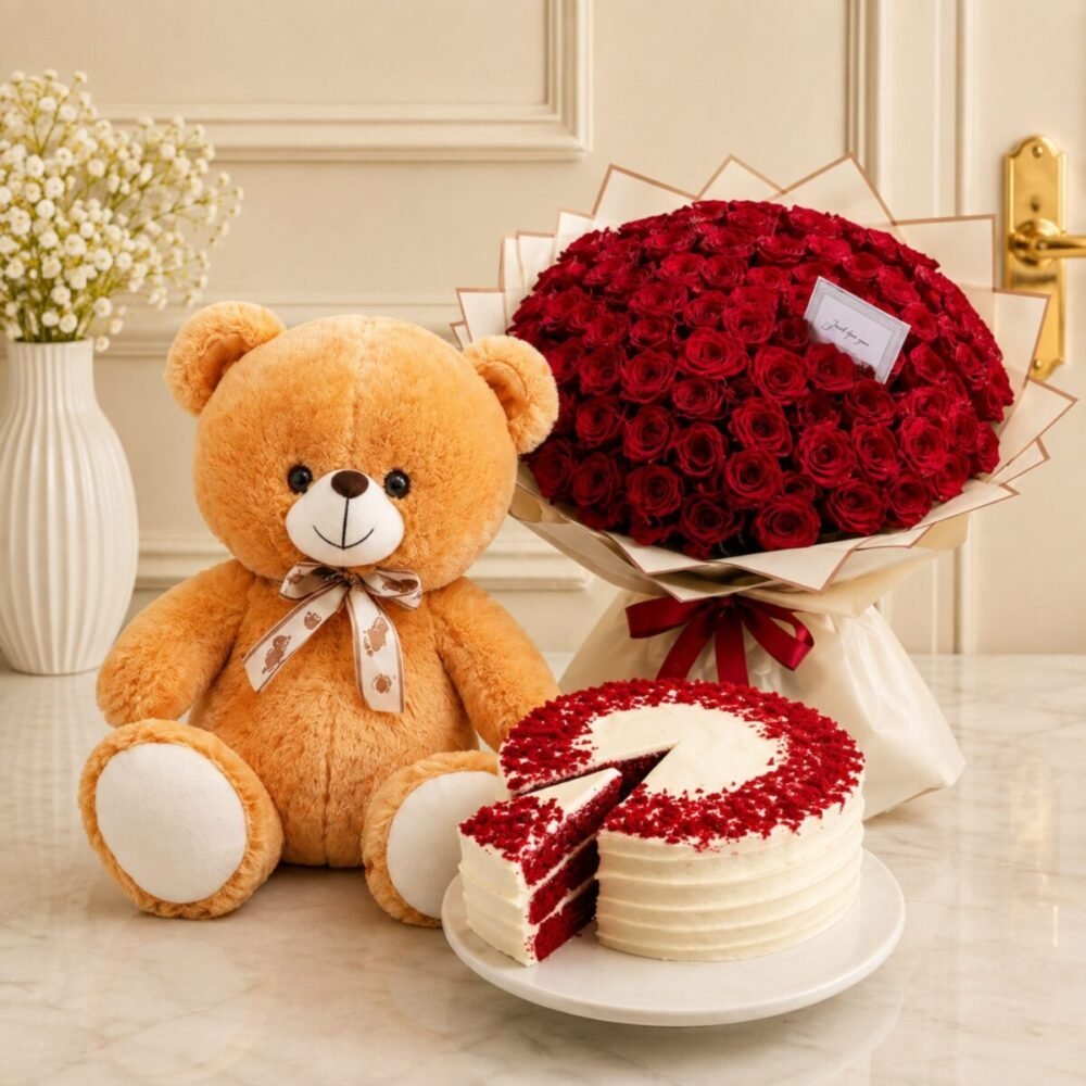 Complete rose bouquet, cake and teddy bear gift arrangement