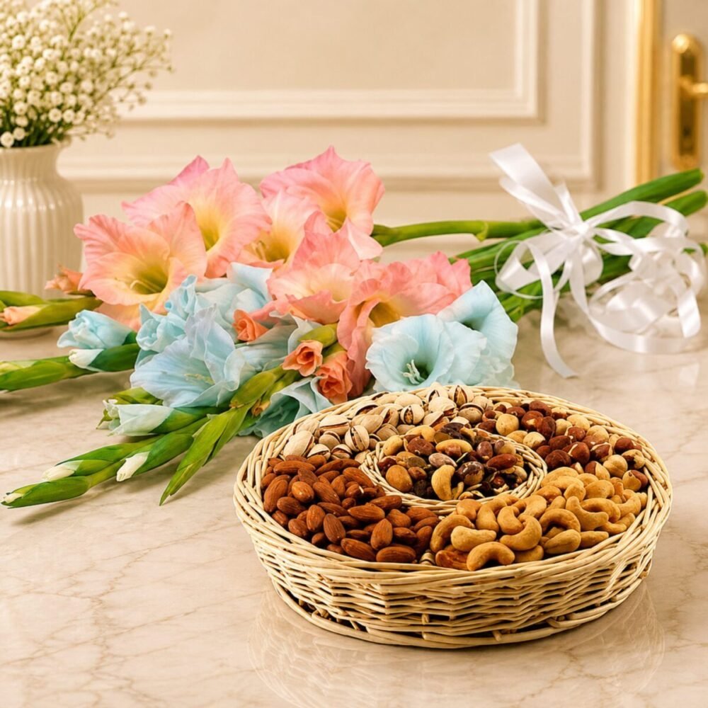 Dry Fruit Basket with Glads - Anniversary Gifts Dry Fruit Basket with Glads - Anniversary Gifts | Lahore Gifts Online