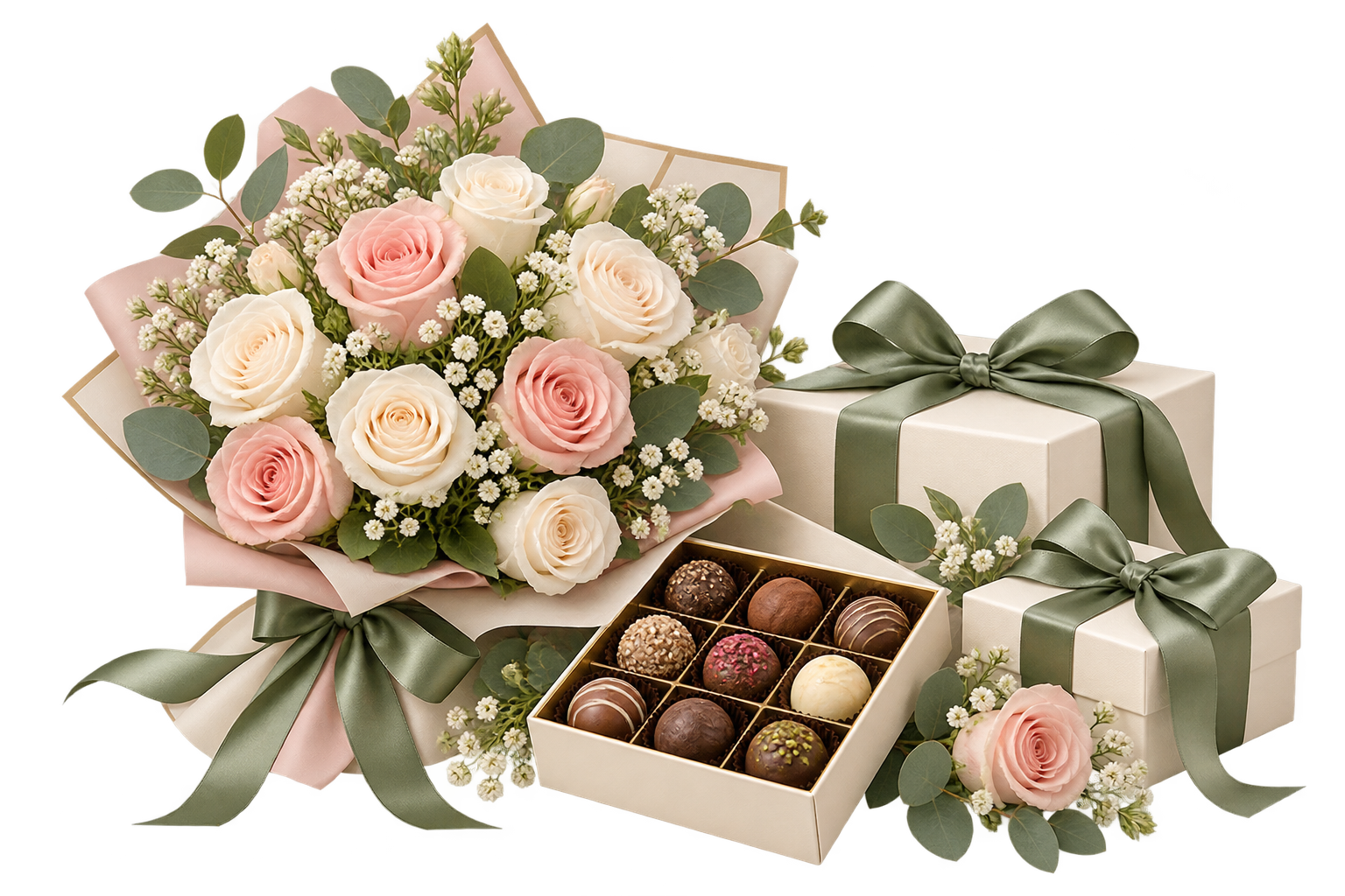 Romantic roses with chocolates and sage ribbon gifts