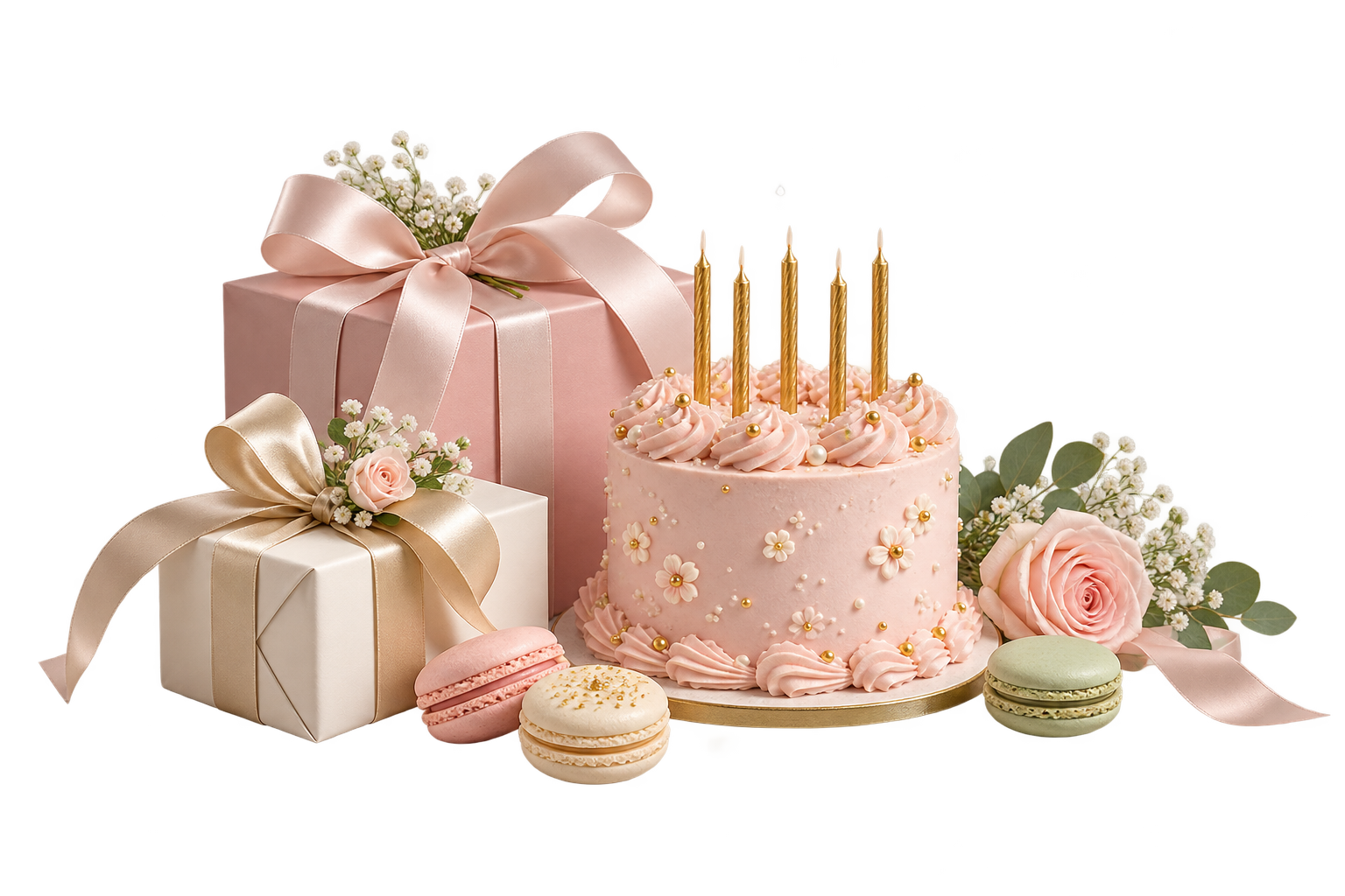 Blush birthday cake and ribbon wrapped presents