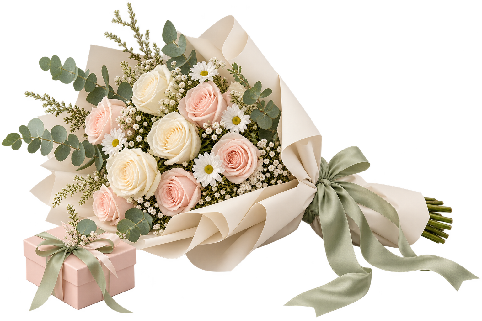 Ivory and blush rose bouquet with sage ribbon