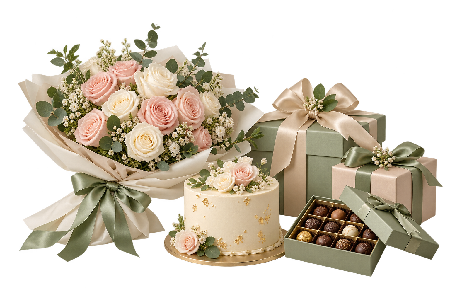 Original floral gift collection with cake and wrapped presents