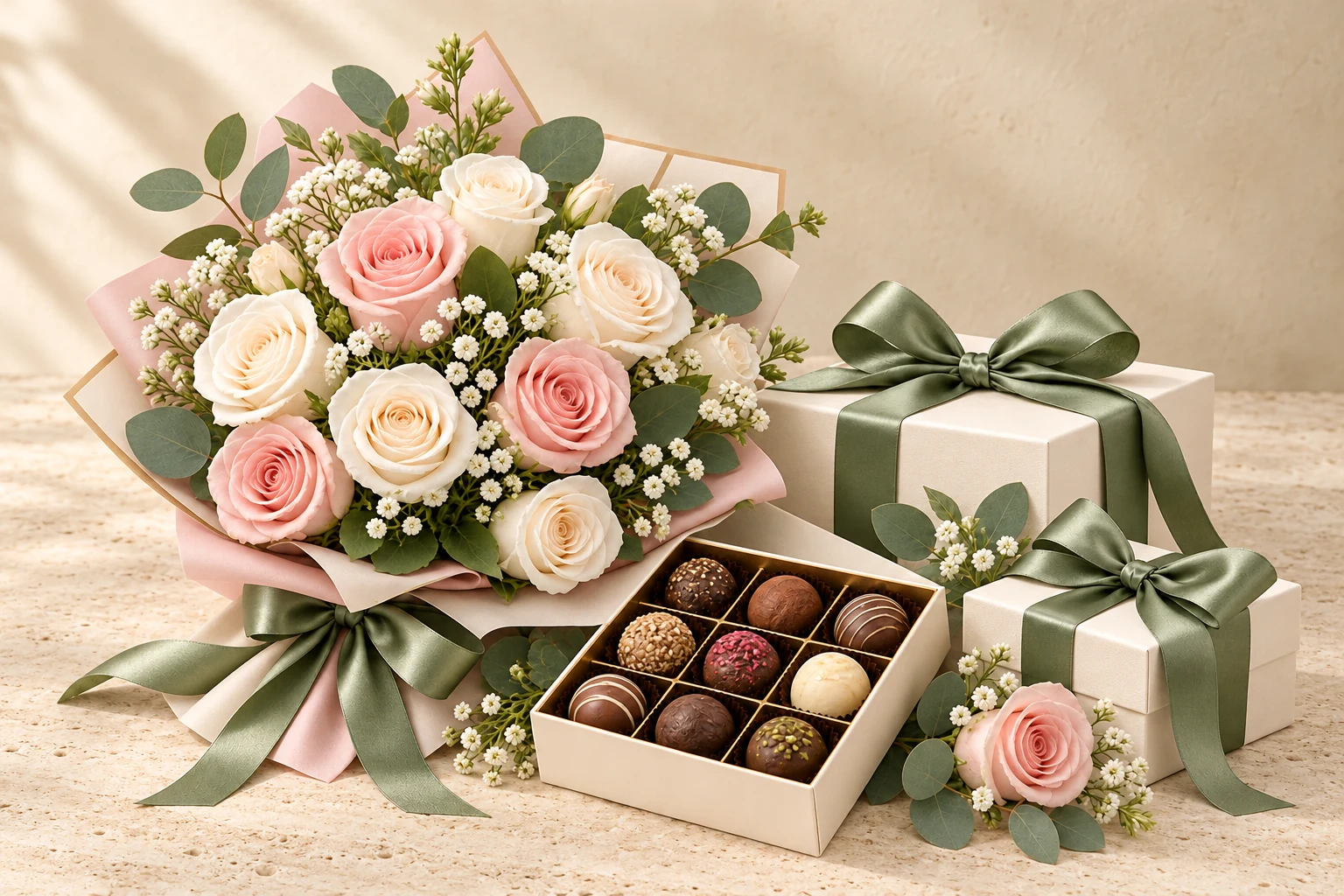 Romantic roses with chocolates and sage ribbon gifts