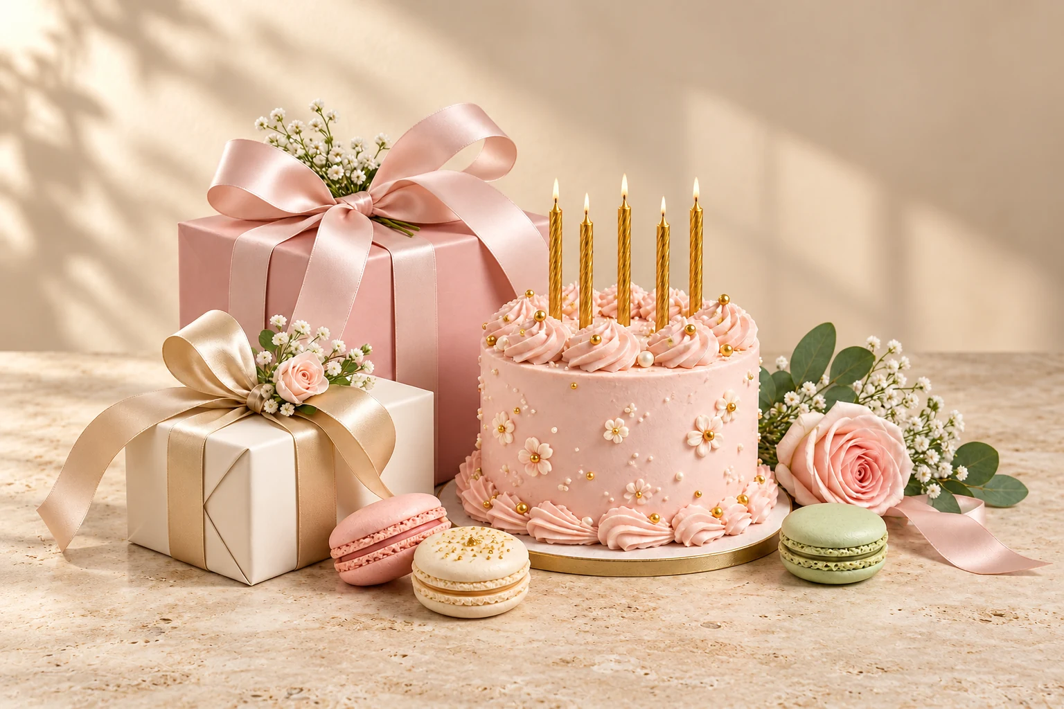 Blush birthday cake and ribbon wrapped presents