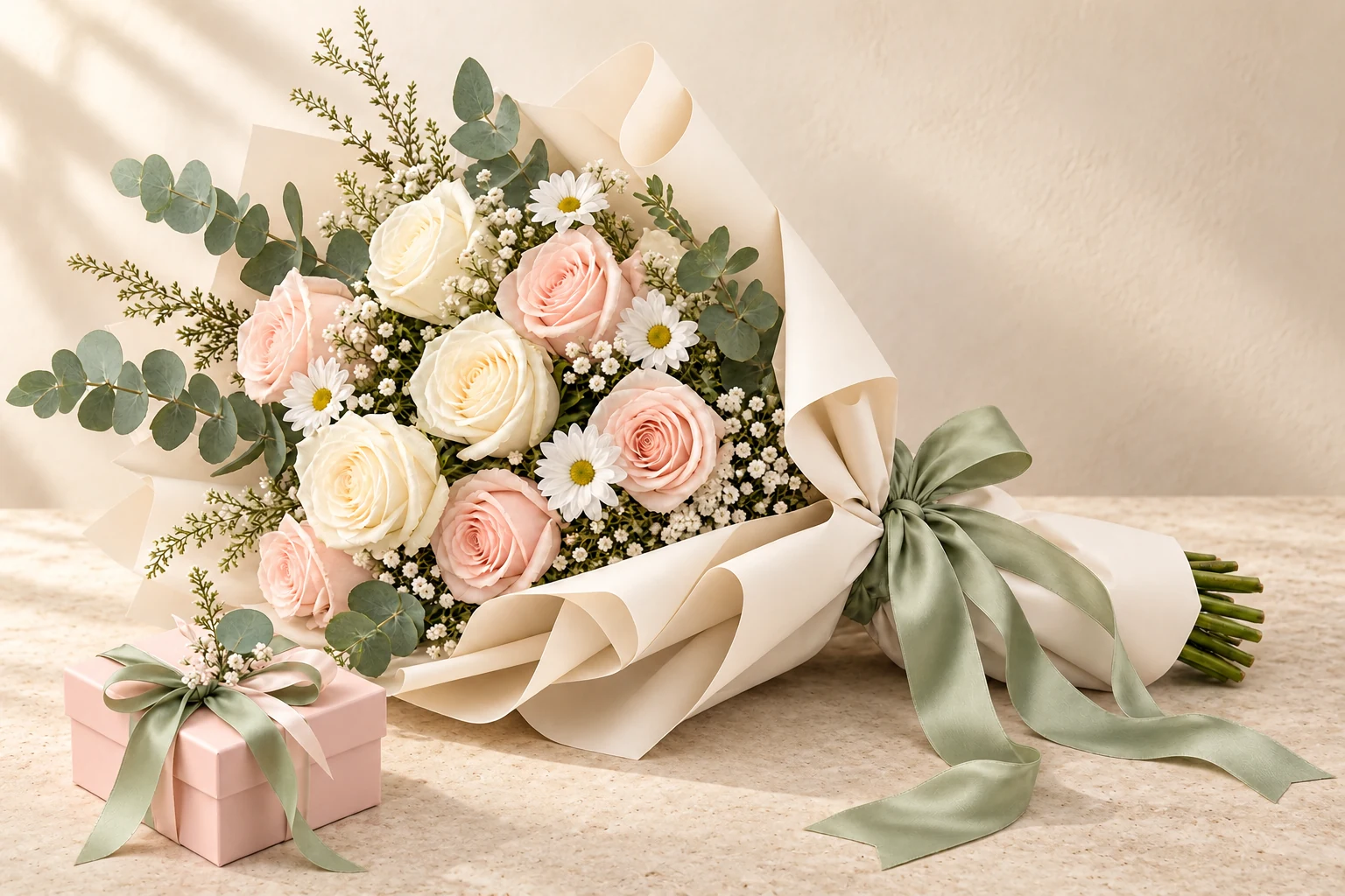Ivory and blush rose bouquet with sage ribbon