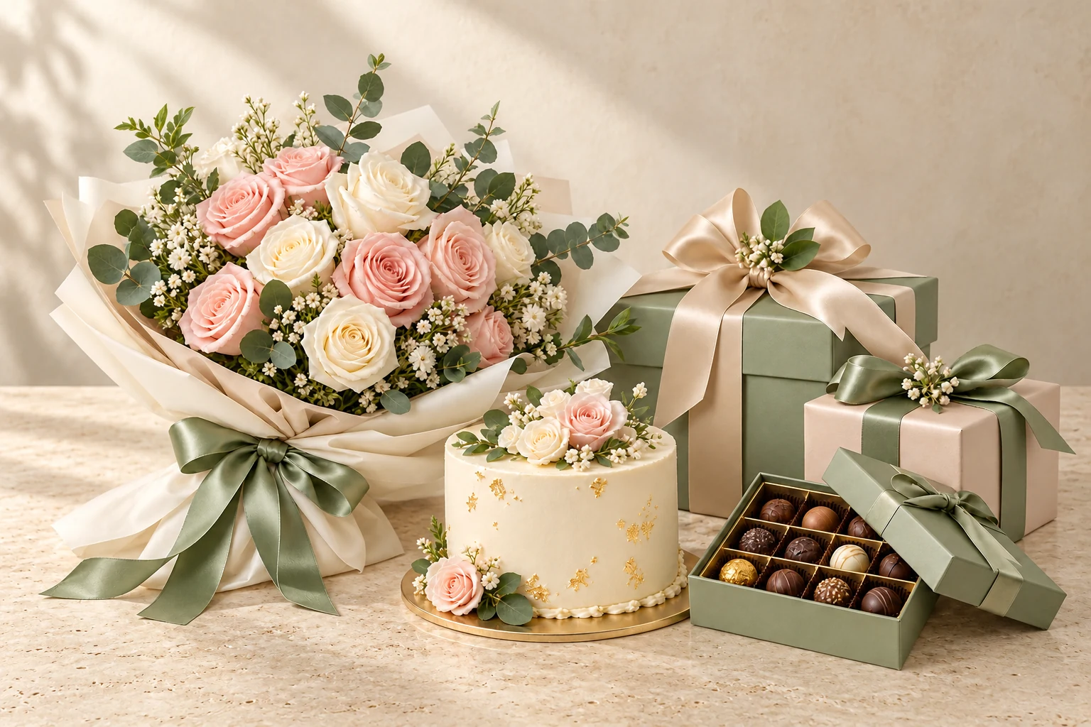 Original floral gift collection with cake and wrapped presents